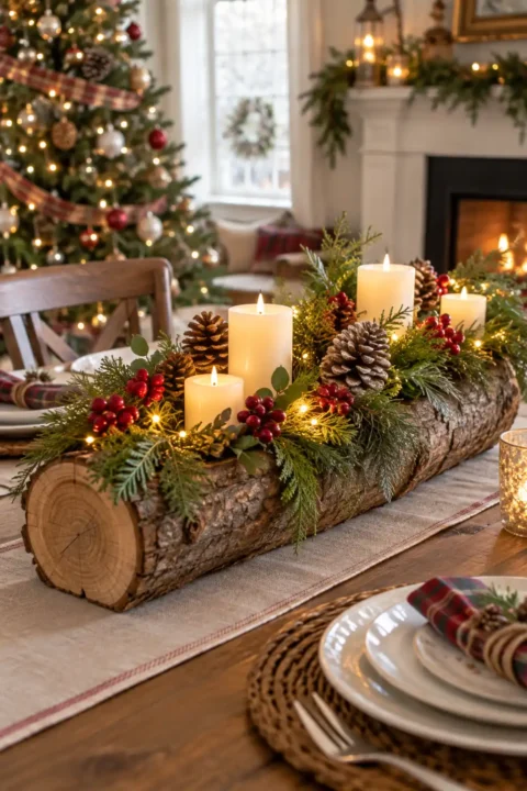 Woodland log centerpiece, one of these tabletop christmas decor ideas