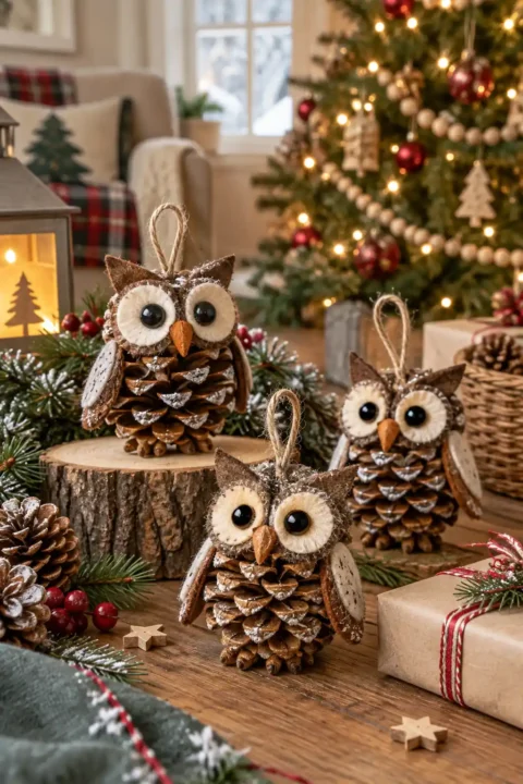 Pinecone owl ornaments, one of these woodland christmas decoration ideas