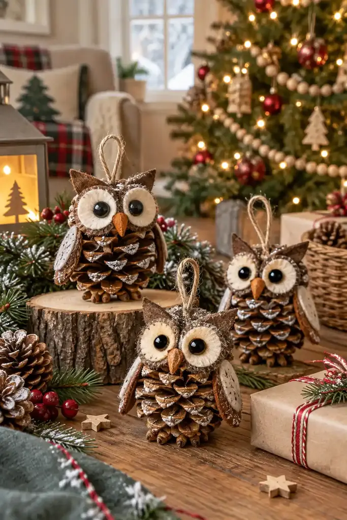 Pinecone owl ornaments, one of these woodland christmas decoration ideas